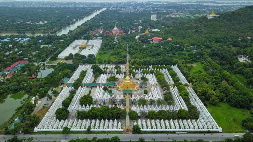 Aerial view of the Kuthodaw Pagoda with Sandamuni Pagoda in background
